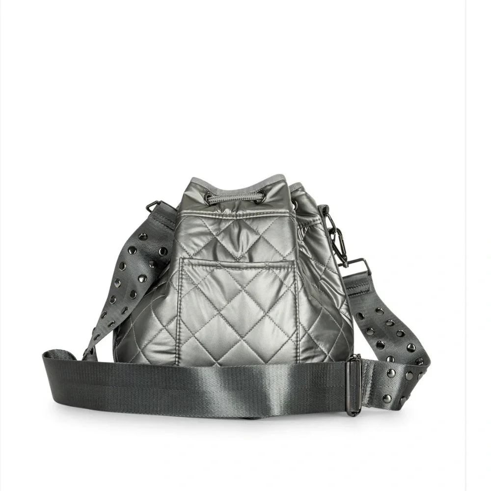 Haute Shore Lindsey Quilted Puffer Bucket Bag Gray Silver Crossbody NWT